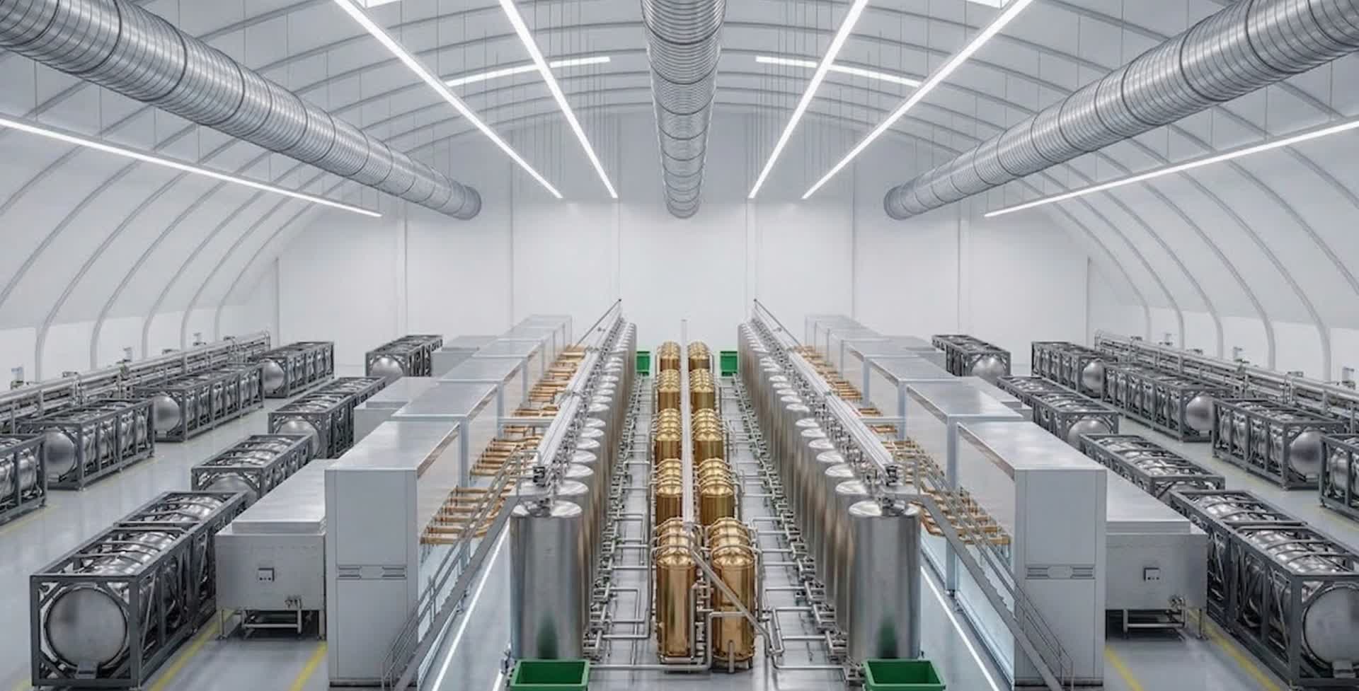 Interior of a Carbotura ACM Manufacturing Center: modular production units, process vessels and containerised material handling under a single clear-span roof.